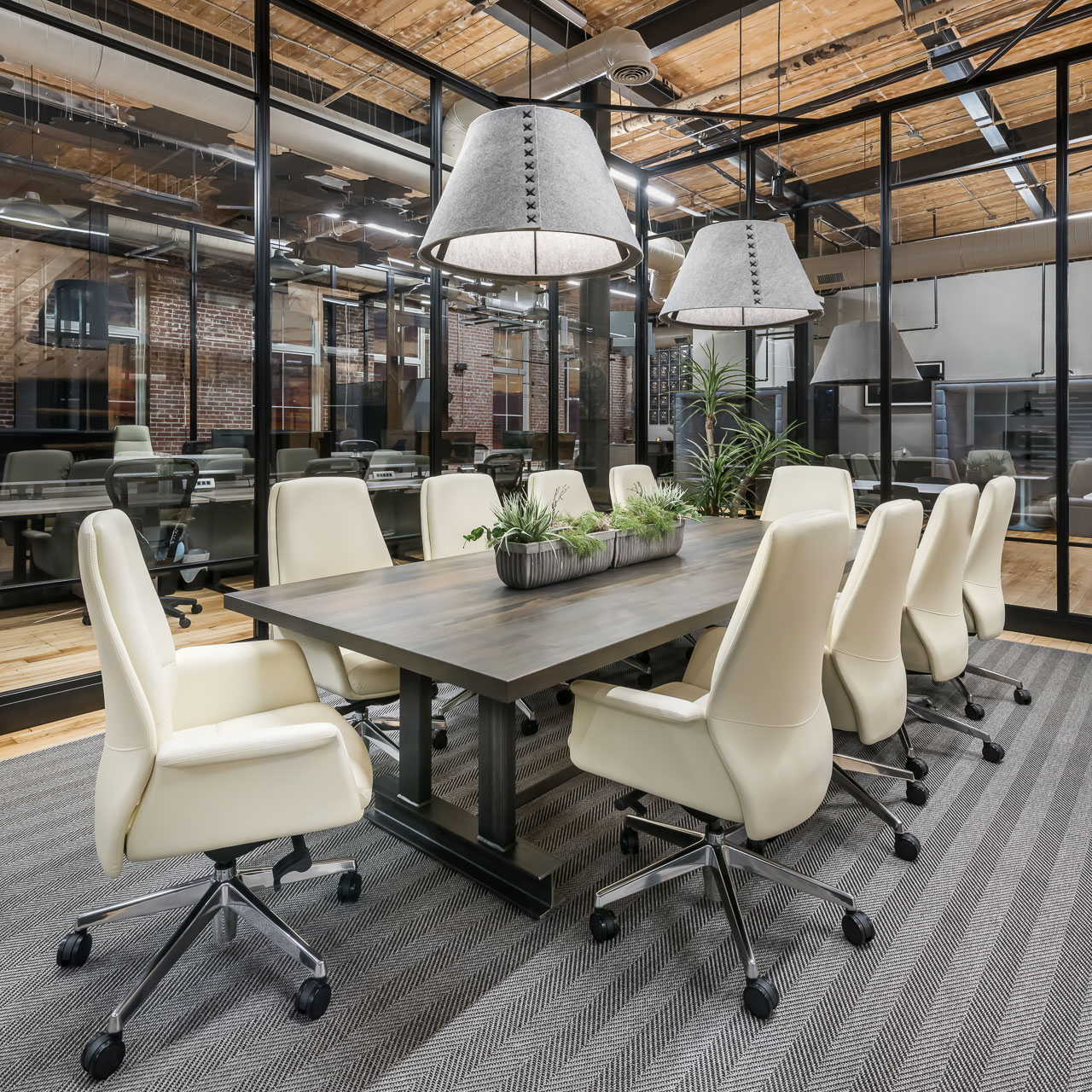 Conference Room Table With Off-White Leather Chairs
