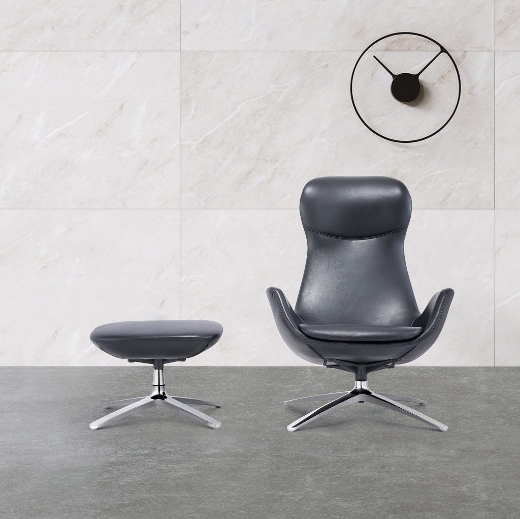 Contemporary black leather chair with ottoman