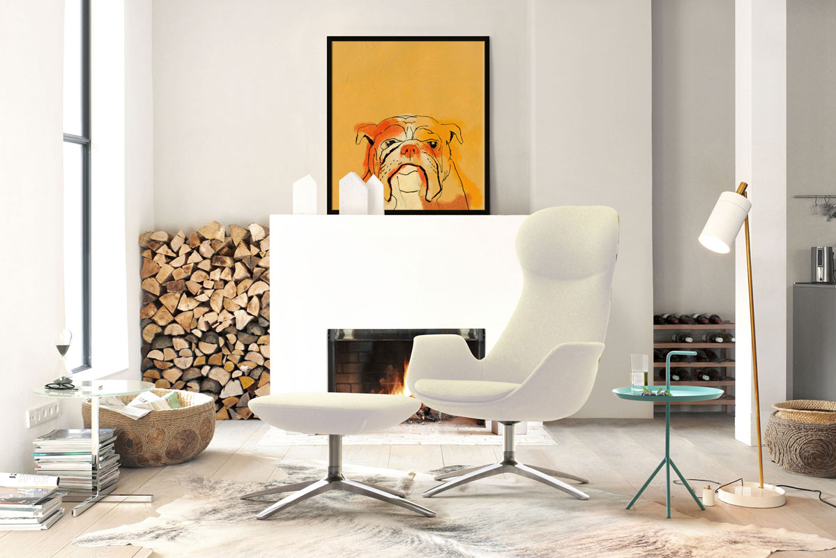 Contemporary cream-colored leather chair with ottoman