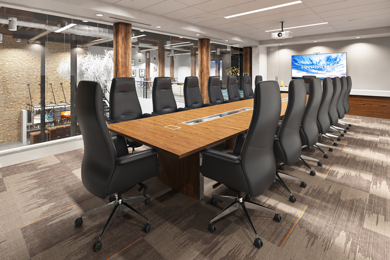 Black leather executive chairs around a conference table