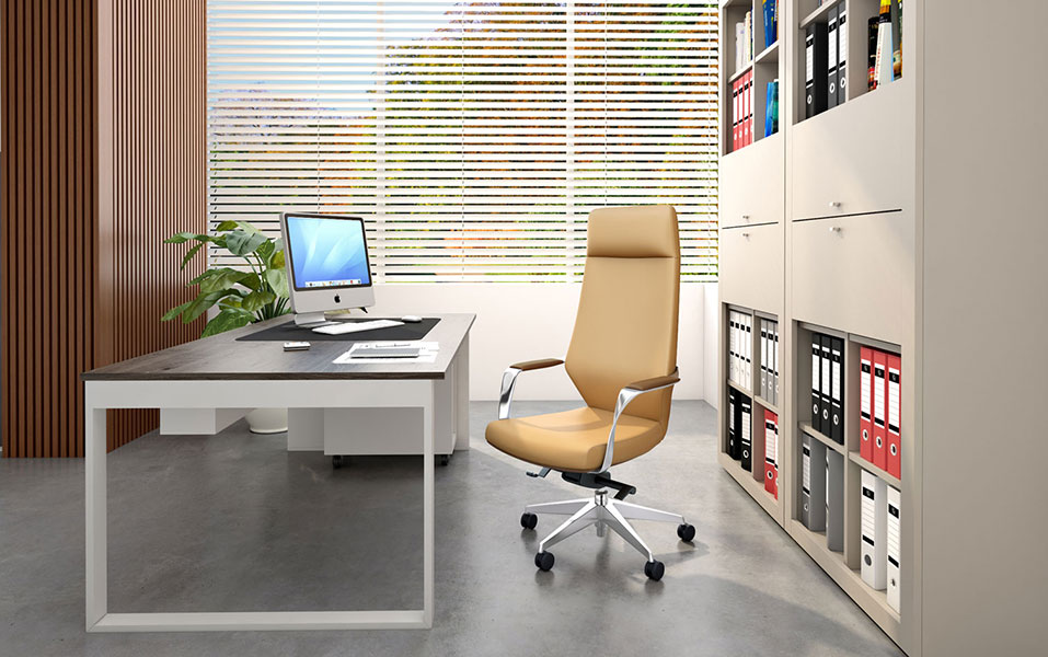 Latte leather executive chair at desk in office