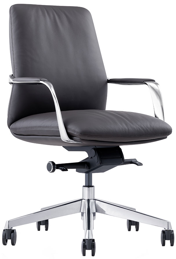 Black Leather Mid-Back Office Chair With Wheels - Front Angle
